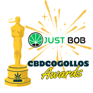 Logo de JustBob junto a una figura estilo Óscar representando el premio CBDCOGOLLOS Awards