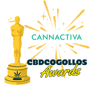 Logo de Cannactiva junto a una figura estilo Óscar representando el premio CBDCOGOLLOS Awards