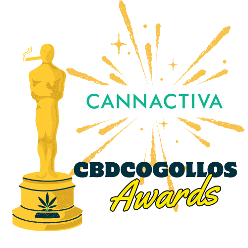 CBDCOGOLLOS AWARDS Cannactiva Logo de Cannactiva junto a una figura estilo Óscar representando el premio CBDCOGOLLOS Awards