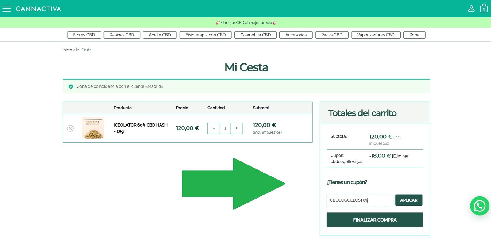 Pantalla de carrito de compras en el sitio web de Cannactiva mostrando un producto de "ICEOLATOR 60% CBD HASH - 25g" con un precio de 120,00 €. Se aplica un código de descuento "CBDCOGOLLOS15%" con un descuento de 18,00 €, y el subtotal se muestra como 120,00 €. Hay un campo para ingresar un código de cupón adicional y un botón para finalizar la compra.