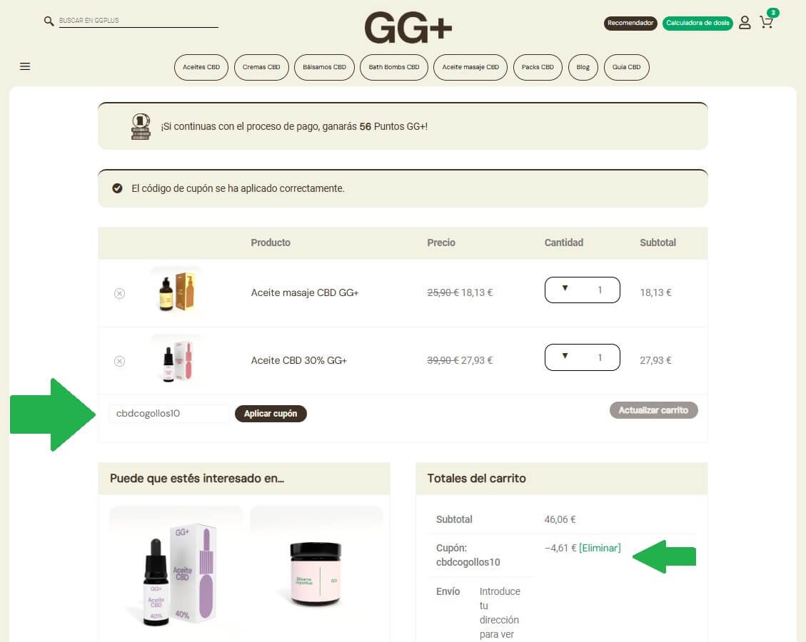 Página de checkout de GG Plus Lab con el código descuento cbdcogollos10 aplicado