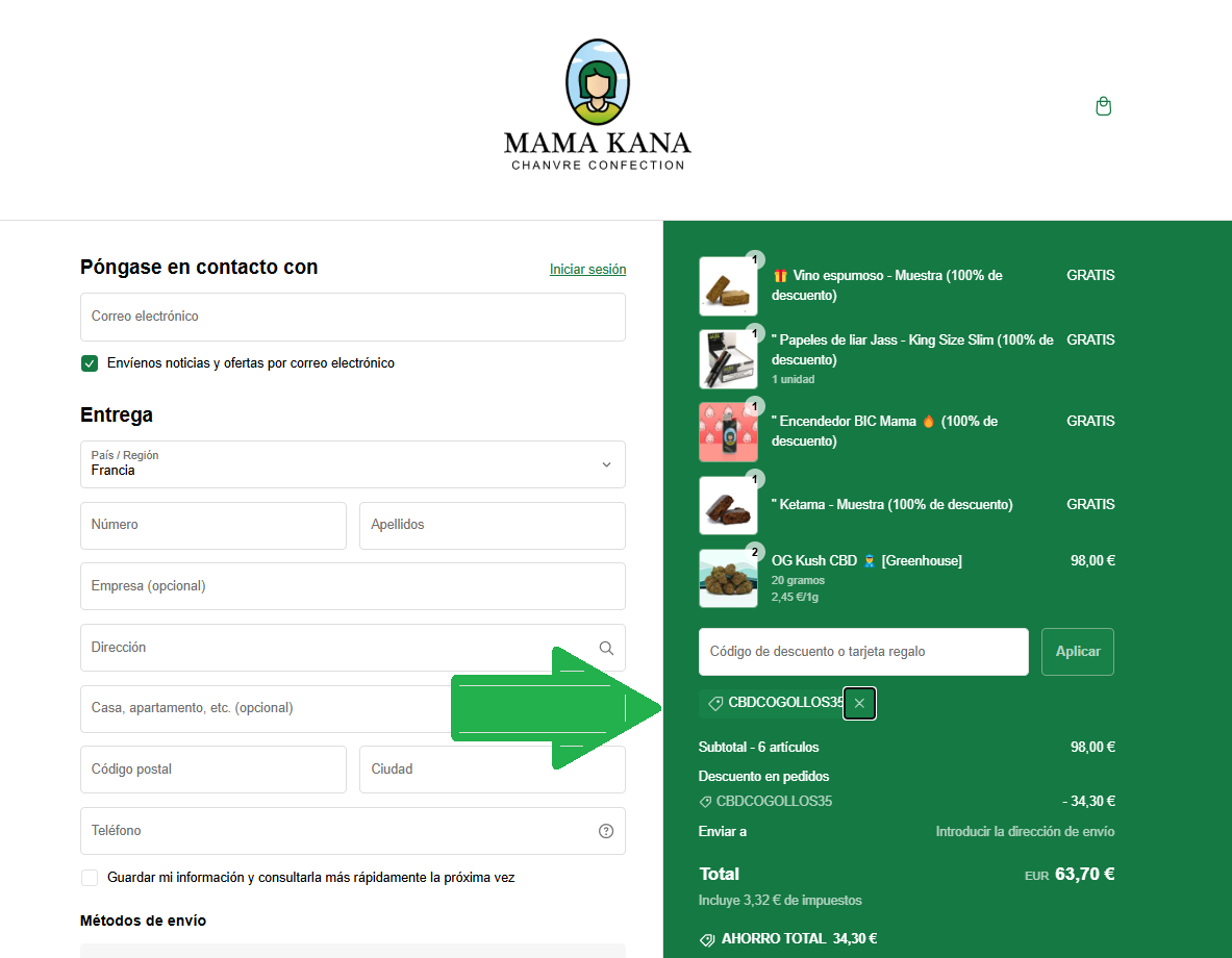 Página de Pago de Mama Kana con el descuento del 35% con el código CBDCOGOLLOS35