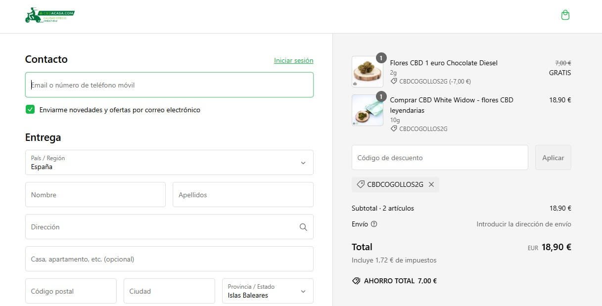heckout de CBDACASA.COM con la promoción de 2G gratis aplicada correctamente