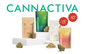 Imagen promocional de Cannactiva con flores y hash de CBD, destacando descuentos del 10% y 15% en productos como Original, Jungle VIP, Icelato y Ohana.