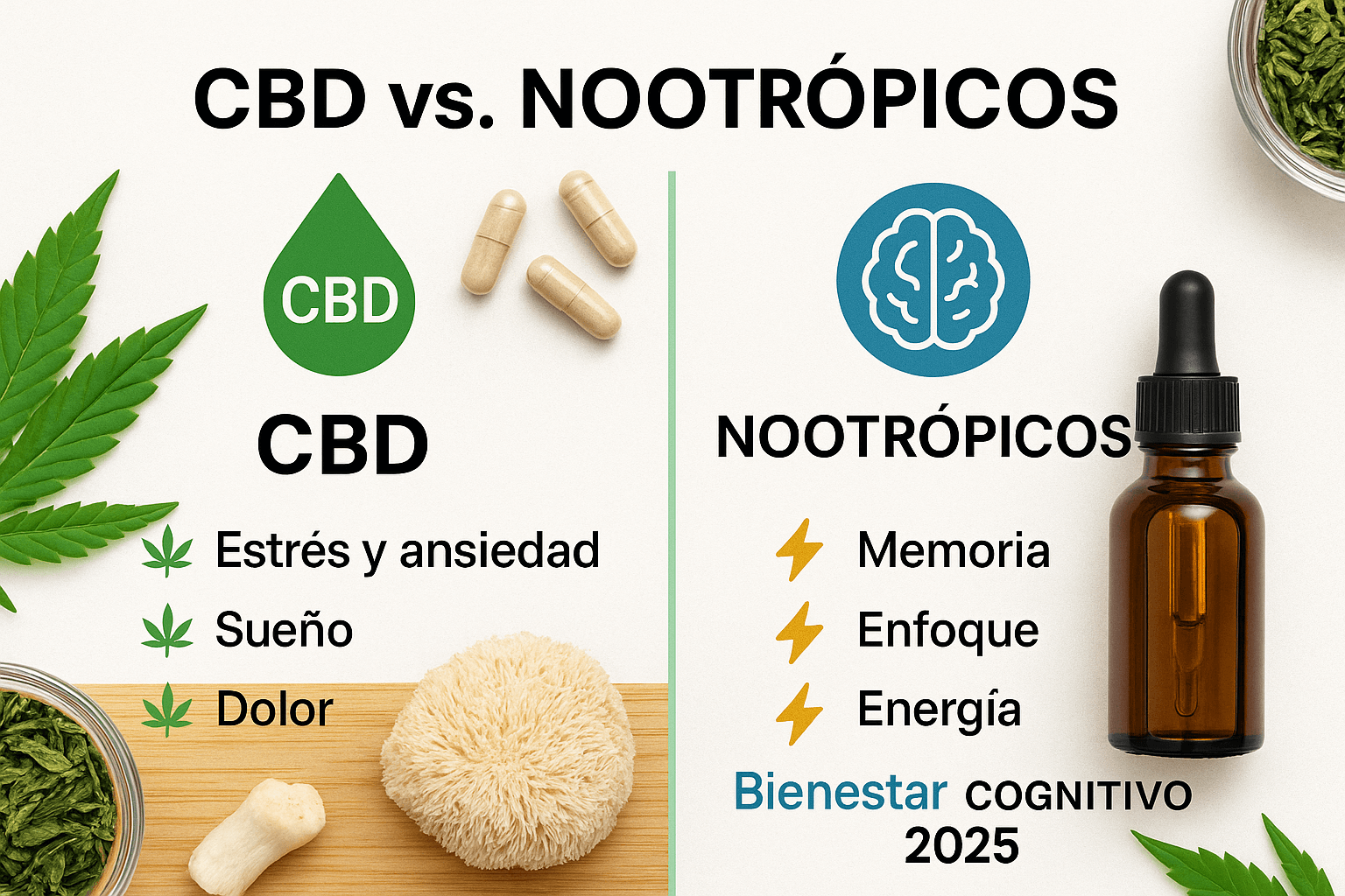 Infografía en estilo plano que compara los efectos del CBD y los nootrópicos, con iconos e ilustraciones: relajación, enfoque, memoria, estado de ánimo y energía mental.