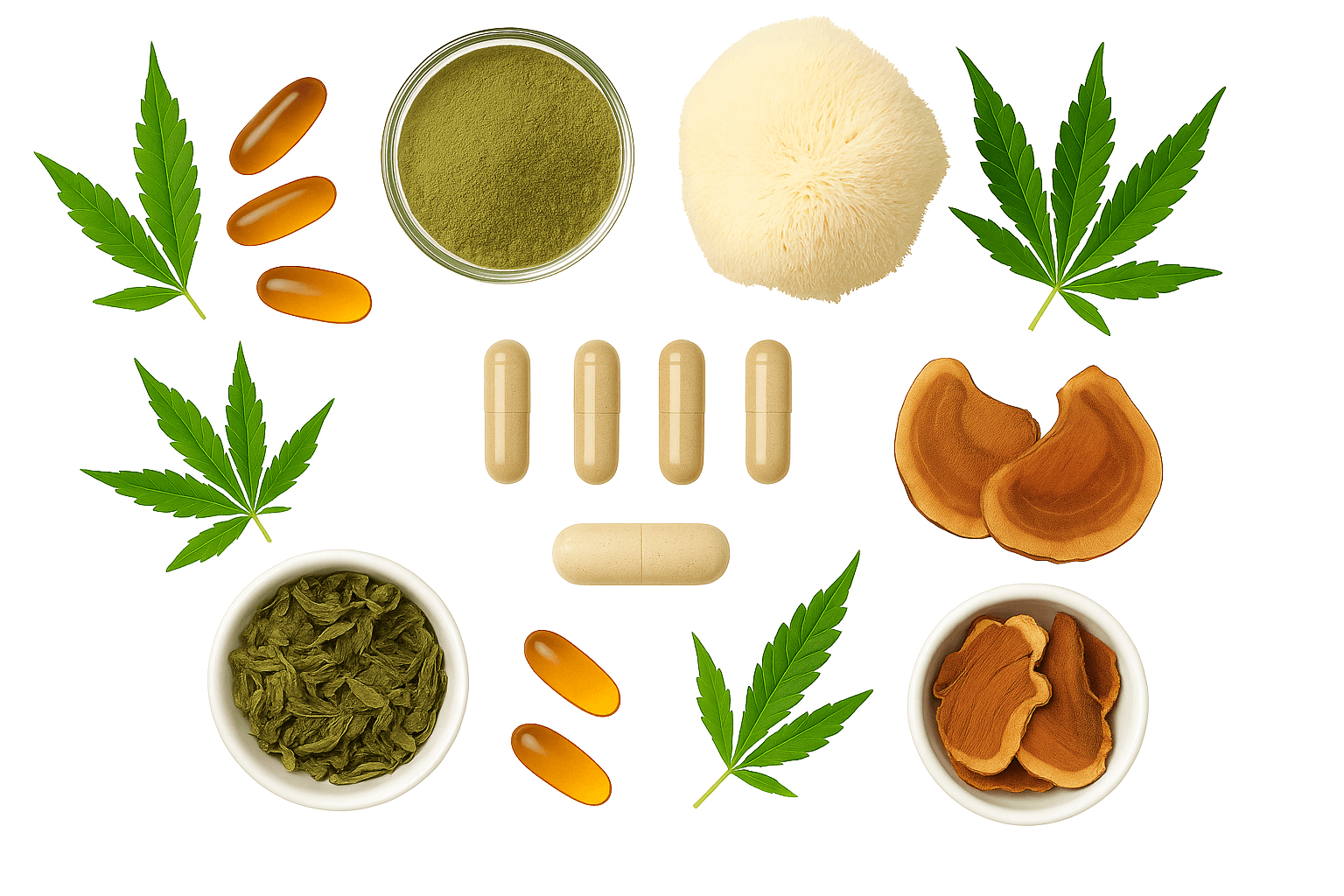 Composición cenital sobre fondo blanco con frascos de suplementos, hojas de cannabis, cápsulas y hongos adaptógenos como melena de león, en estilo limpio y natural.