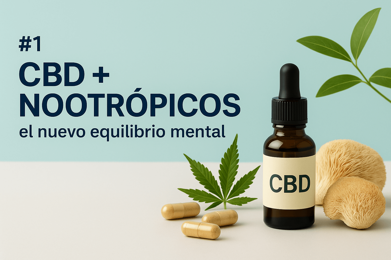Imagen promocional digital con el título “CBD + Nootrópicos: el nuevo equilibrio mental”, mostrando una botella de aceite de CBD junto a cápsulas, hongos adaptógenos y elementos naturales sobre fondo claro y limpio.