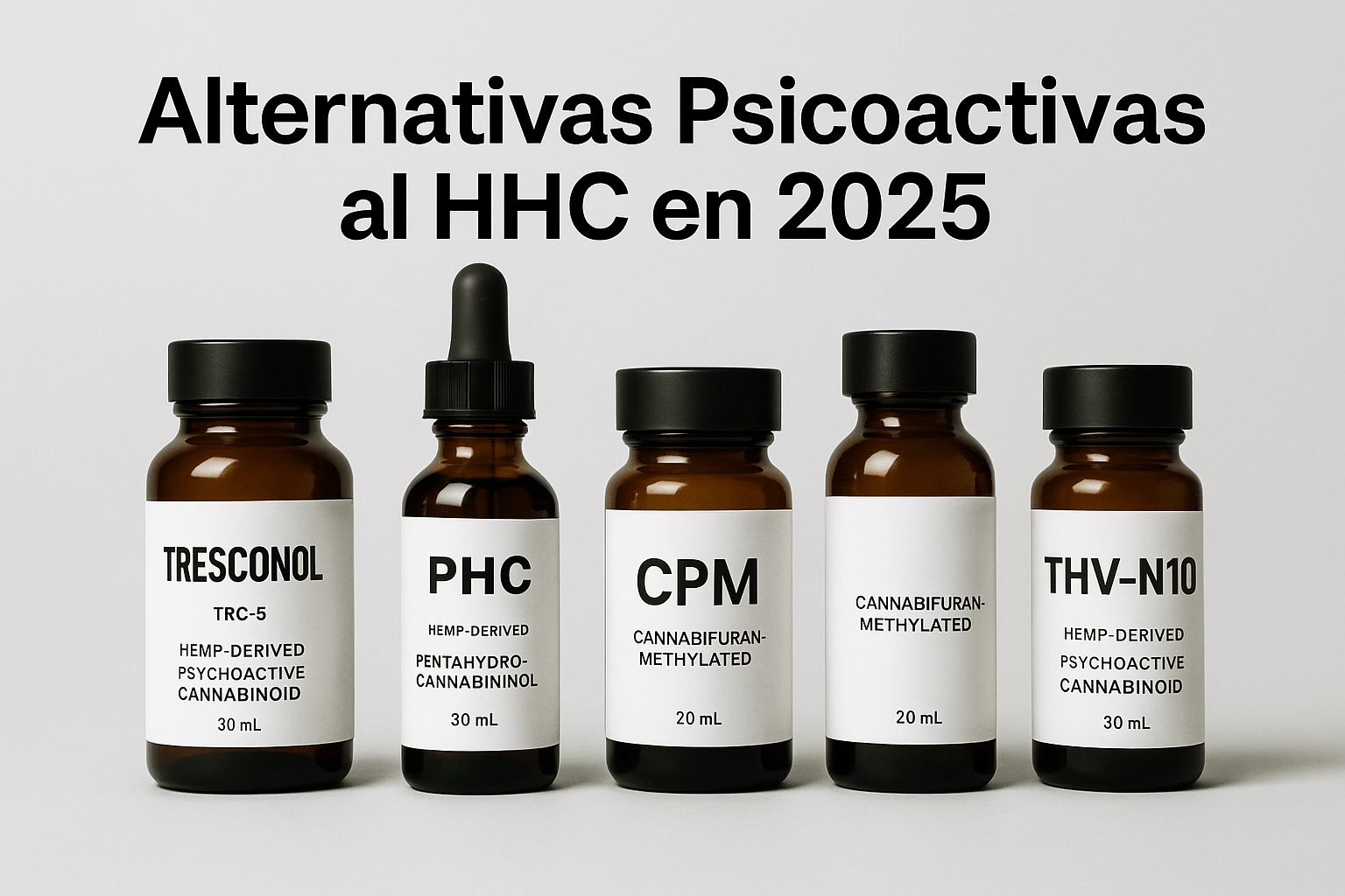 Imagen horizontal que muestra frascos de vidrio ámbar con etiquetas de cannabinoides emergentes como Tresconol, PHC y THV‑N10, sobre fondo claro y texto en español que dice “Alternativas psicoactivas legales al HHC en 2025”. Diseño limpio y profesional con estilo farmacéutico.