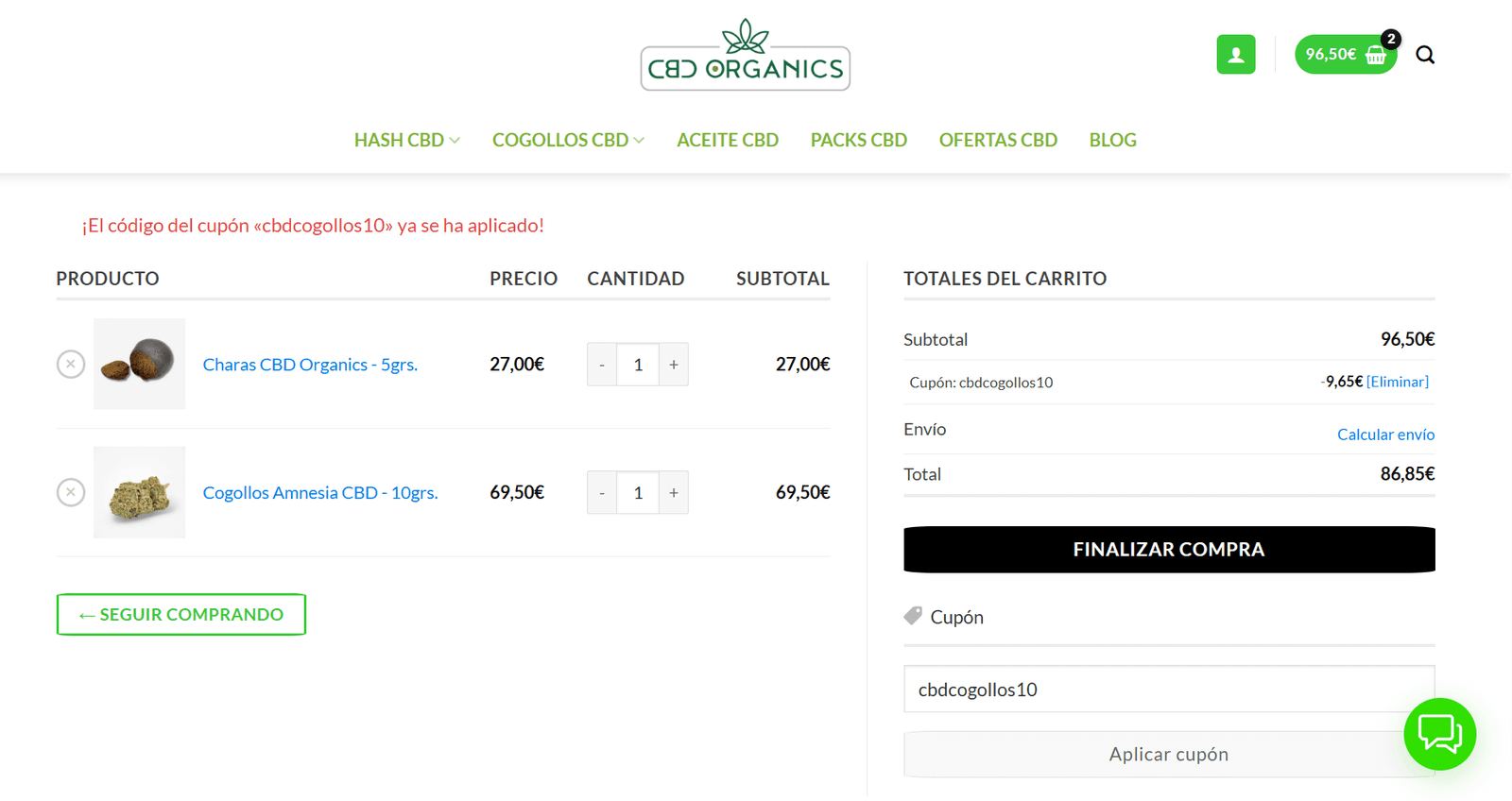 Carrito de compra de CBD Organics mostrando productos de CBD, el cupón «cbdcogollos10» aplicado con un 10% de descuento y el total actualizado antes de finalizar la compra.