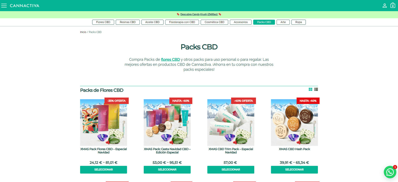 Packs Navidad Cannactiva 2025 Packs CBD de Navidad 2025 de Cannactiva con descuentos de hasta el 40%: flores CBD, hash, trim packs y ediciones especiales navideñas.