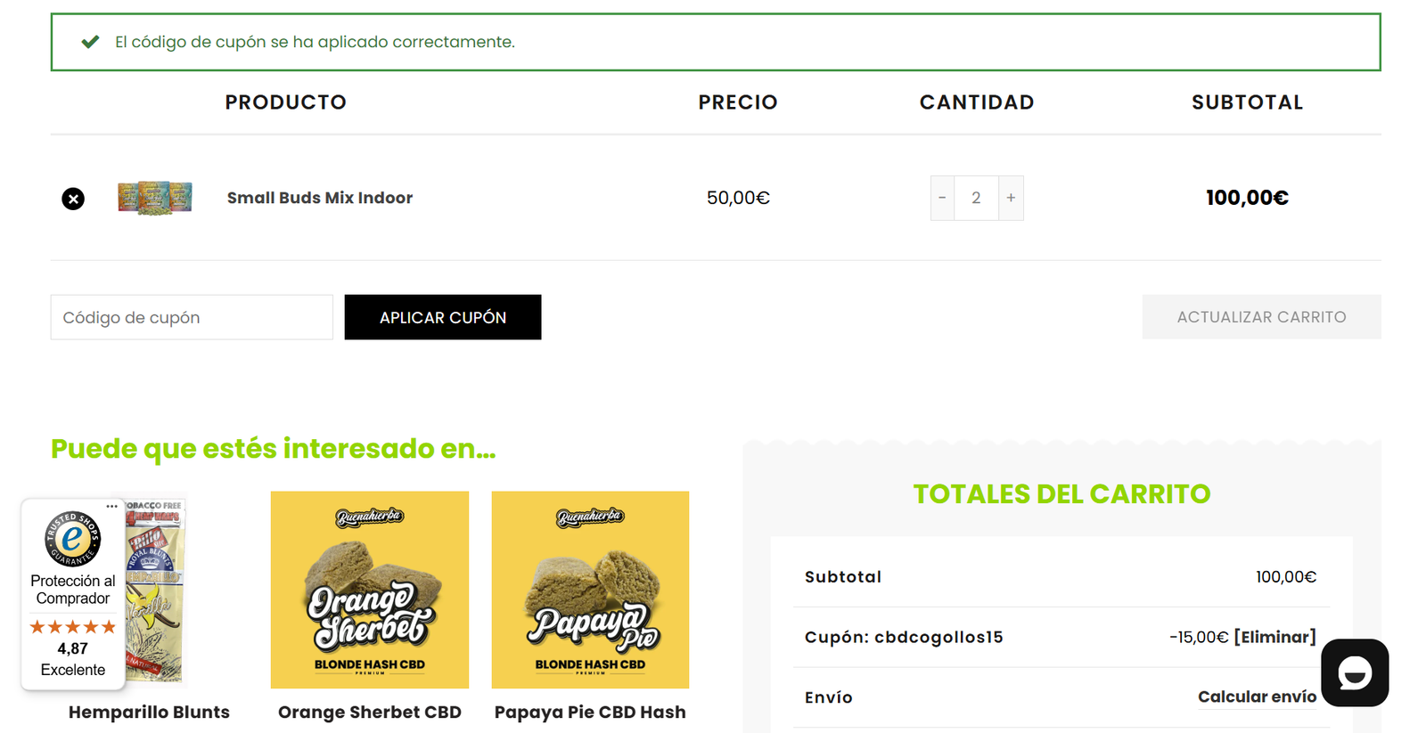 Buenahierba código descuento Captura del carrito de compra en Buenahierba.shop, mostrando la aplicación del cupón CBDCOGOLLOS15 con un 15% de descuento.