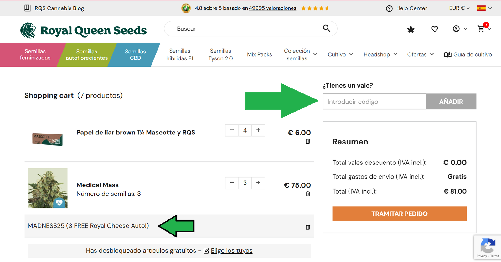 Royal Queen Seeds Código Descuento Captura del carrito de Royal Queen Seeds mostrando dónde introducir un vale y el cupón MADNESS25 aplicado (3 semillas Royal Cheese Auto GRATIS) con total de 81€ y envío gratis