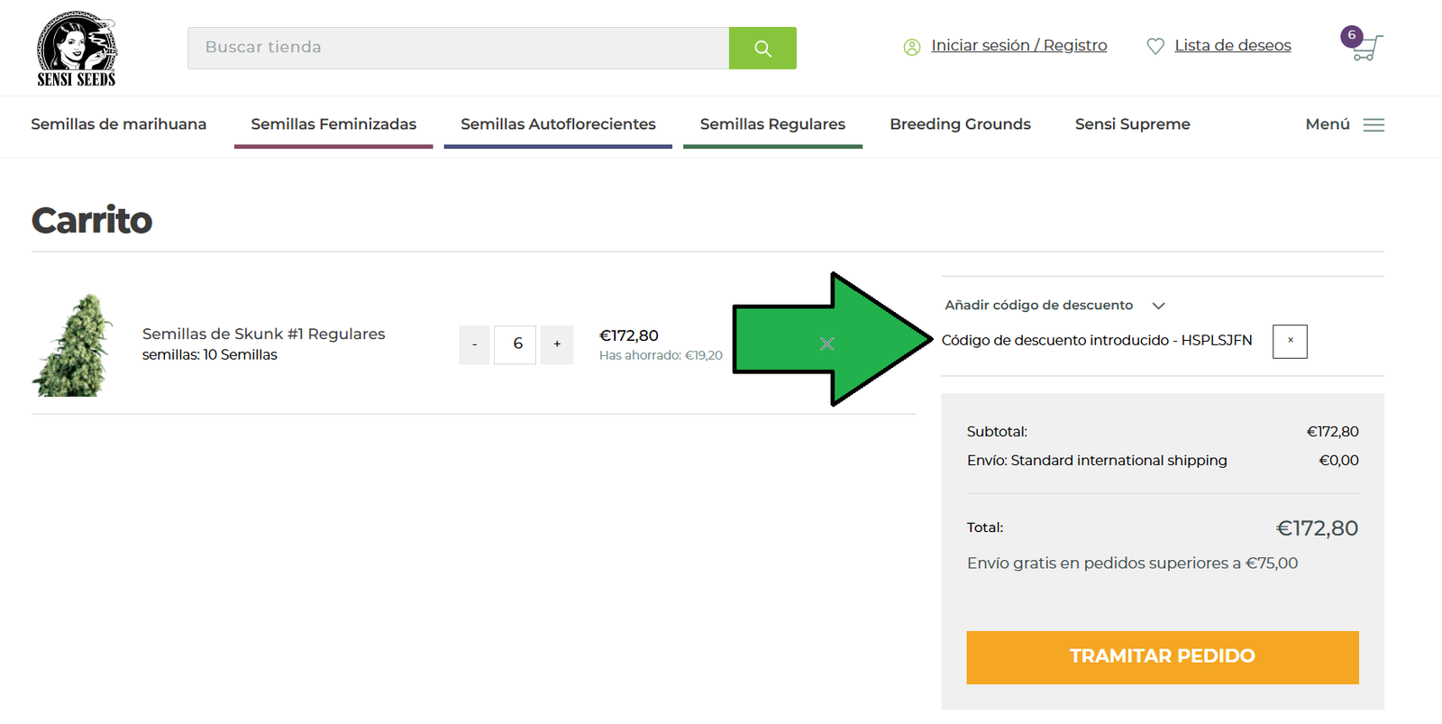 SENSI SEEDS Código Descuento Captura del carrito de compra de SENSI SEEDS con el código de descuento HSPLSJFN aplicado y el total del pedido actualizado
