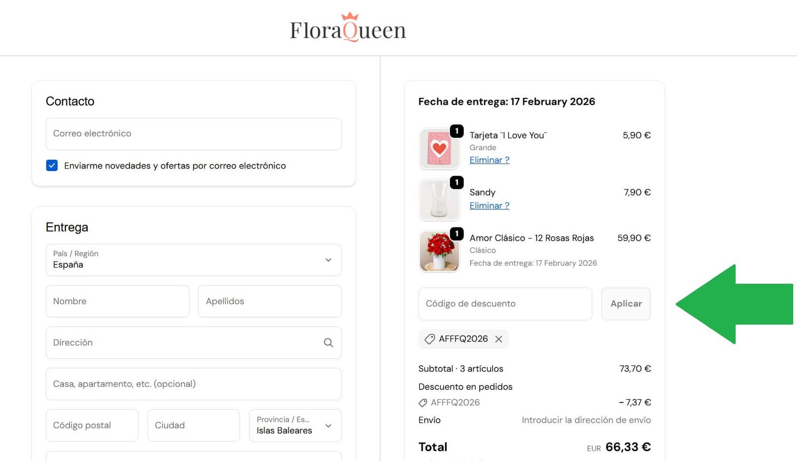 Captura del checkout de FloraQueen mostrando dónde introducir y aplicar el código de descuento AFFFQ2026