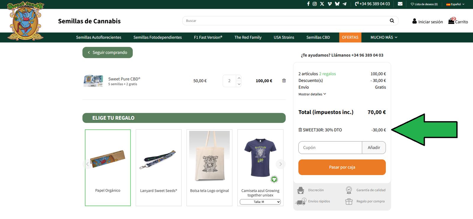 Carrito de Sweet Seeds con cupón SWEET30R (30% dto) y regalos Captura del carrito en Sweet Seeds con Sweet Pure CBD, cupón SWEET30R del 30% de descuento, envío gratis y selección de regalos
