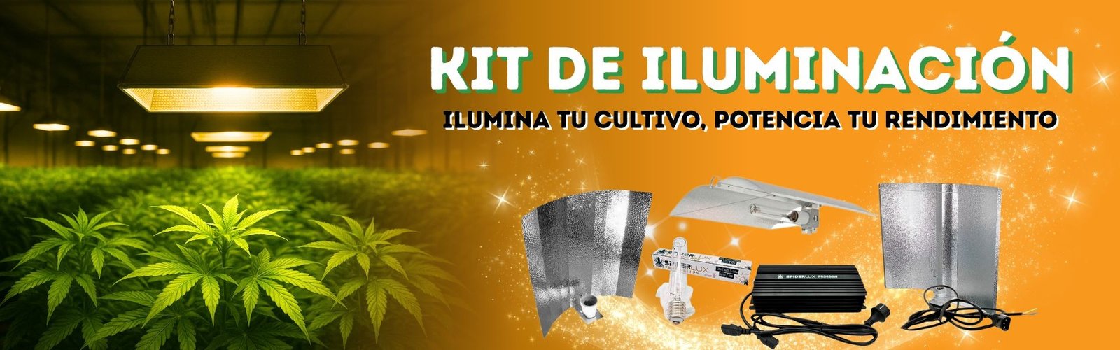 FlorProhibida Kit Iluminación Banner de Kit de Iluminación para cultivo con el texto “Ilumina tu cultivo, potencia tu rendimiento” y componentes de iluminación.