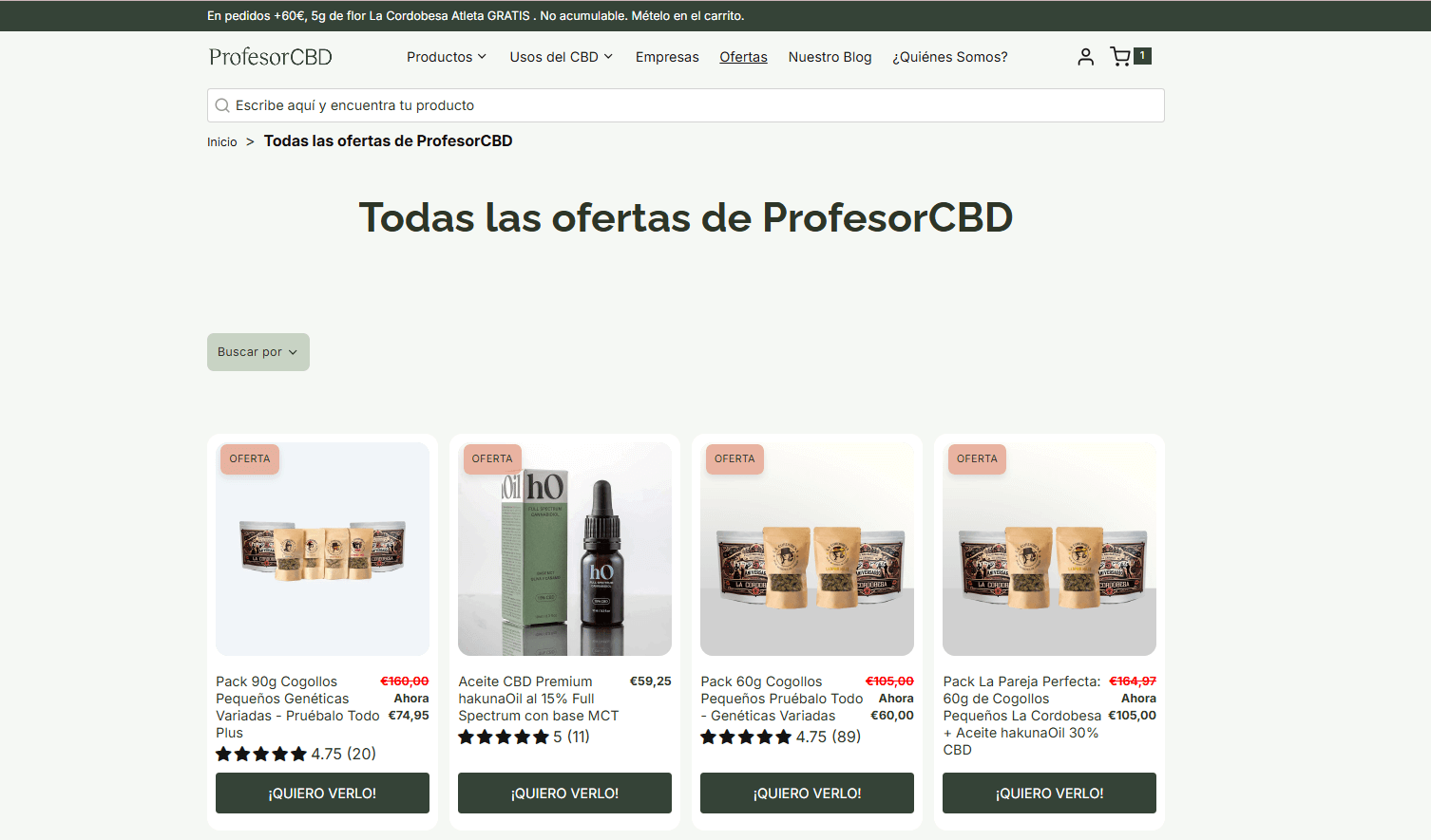 ofertas de ProfesorCBD Captura de pantalla de la página “Todas las ofertas de ProfesorCBD” con varios productos marcados como OFERTA (packs de cogollos y aceite CBD) y aviso superior de regalo gratis en pedidos +60€.