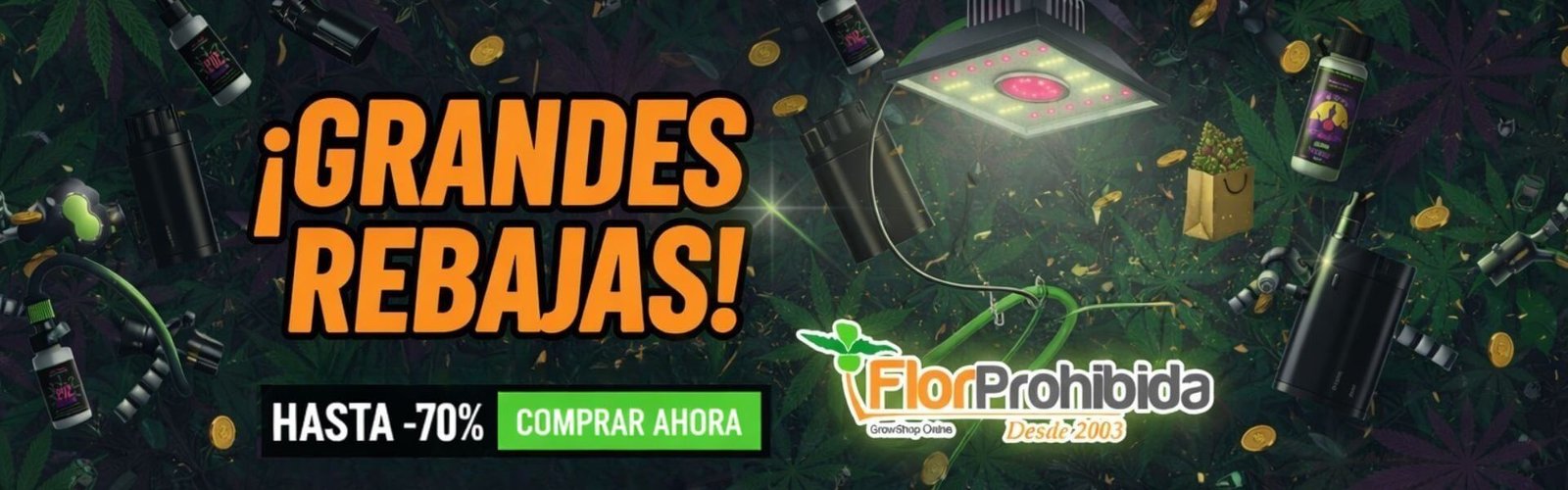 Banner de Grandes Rebajas de FlorProhibida con hasta -70% de descuento y botón “Comprar ahora”.