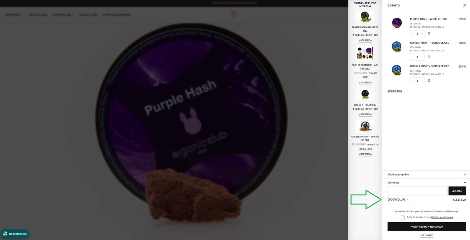 Captura de la página web CBD Organic Club con el código descuento CBDCOGOLLOS aplicado al carrito