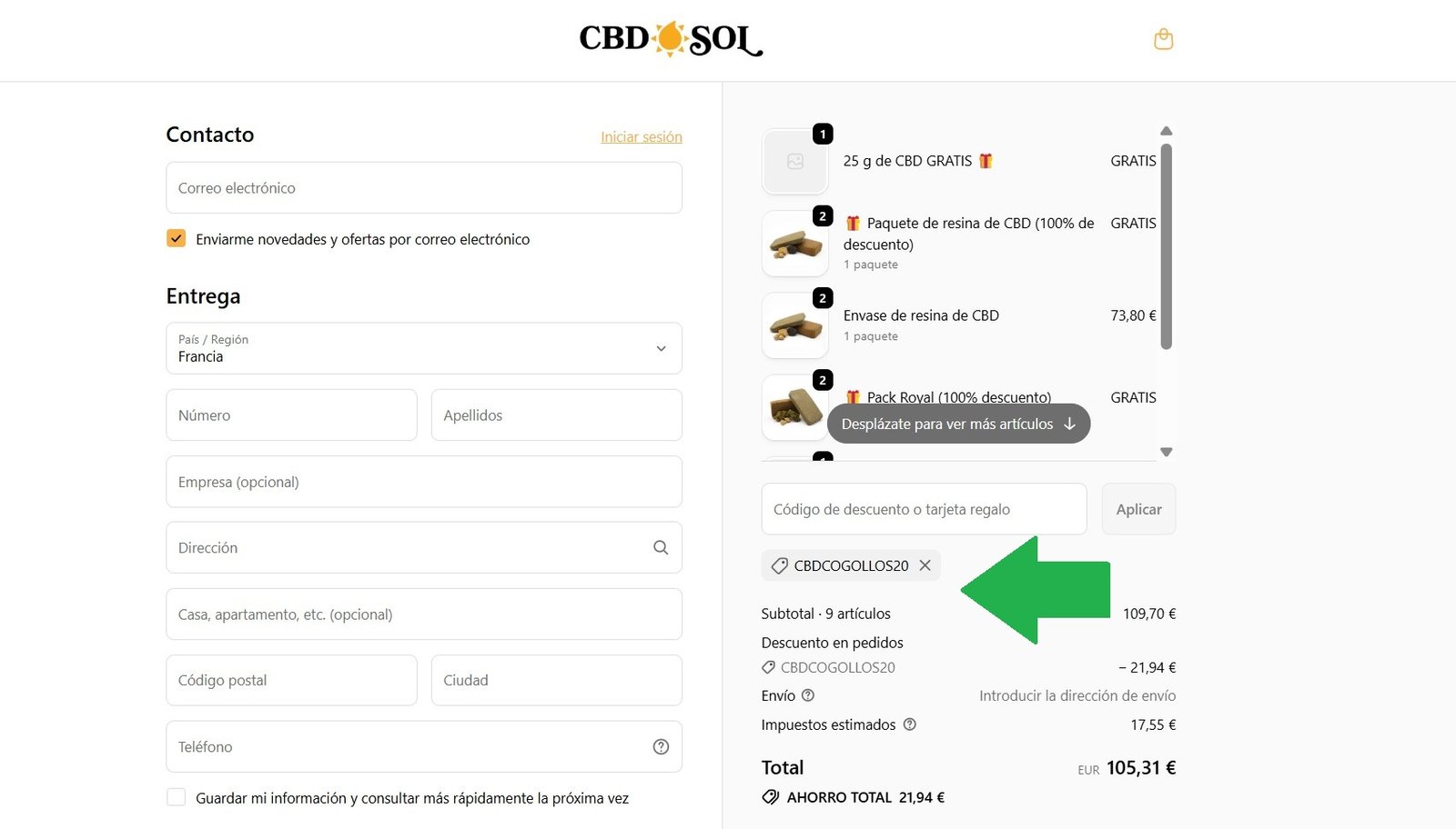 CBDSOL Código Descuento Captura del checkout de CBDSOL mostrando el código descuento CBD-SOLCOGOLLOS aplicado y varios regalos gratis añadidos al pedido.