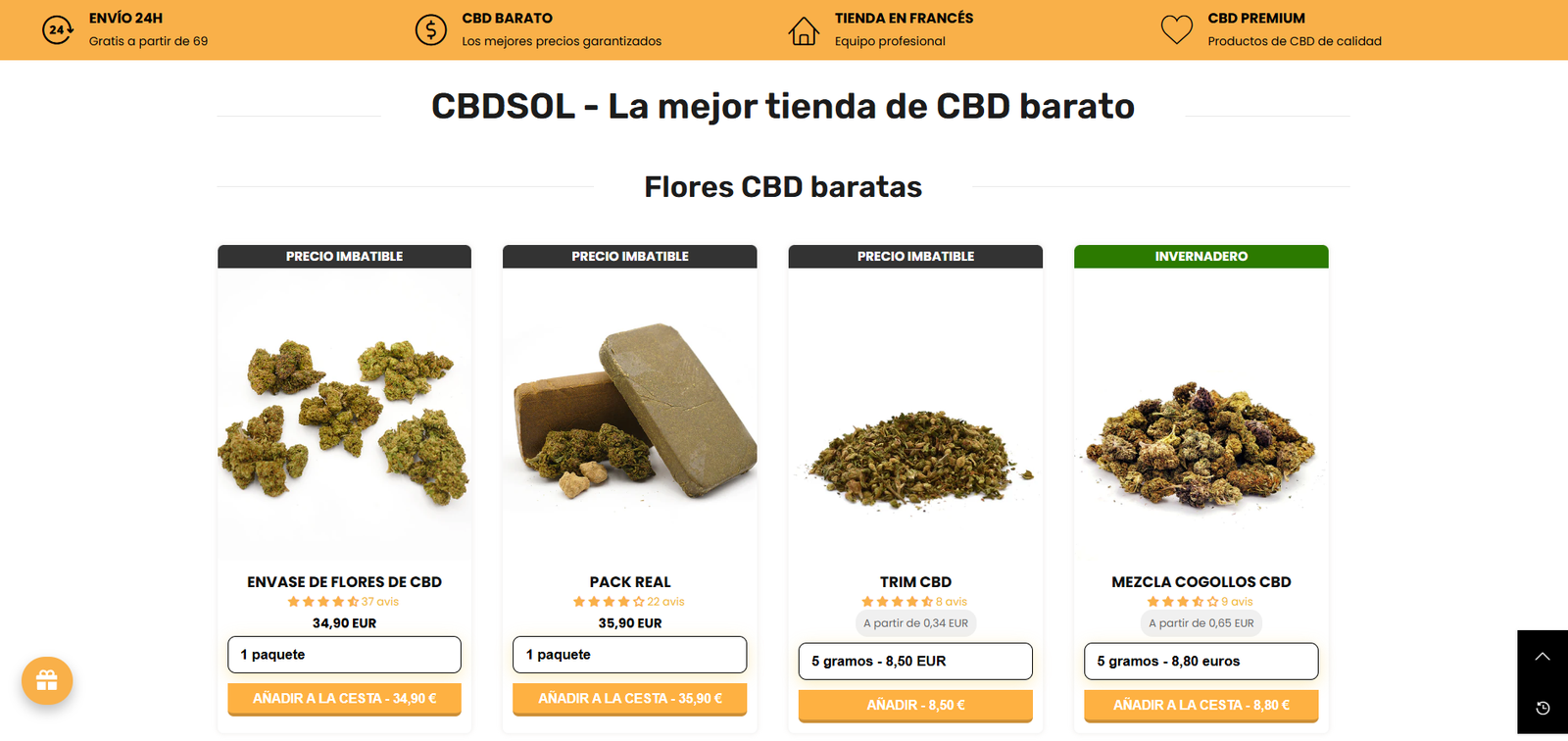 Descuento CBDSOL Captura de la colección de flores CBD baratas de CBDSOL con productos destacados, precios competitivos y el mensaje “La mejor tienda de CBD barato