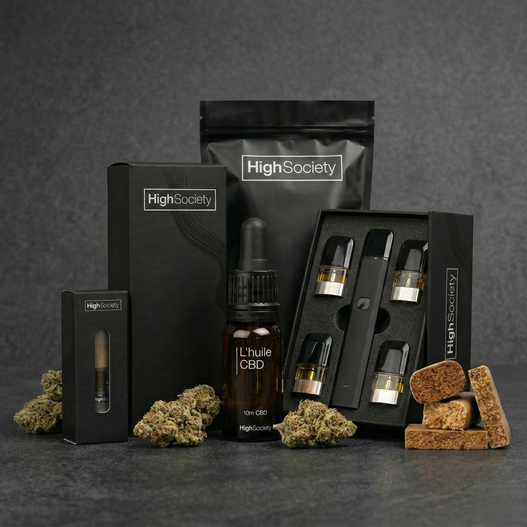 Productos CBD de HighSociety Composición de productos HighSociety con flores CBD, aceite, vapeador y resinas sobre fondo oscuro.