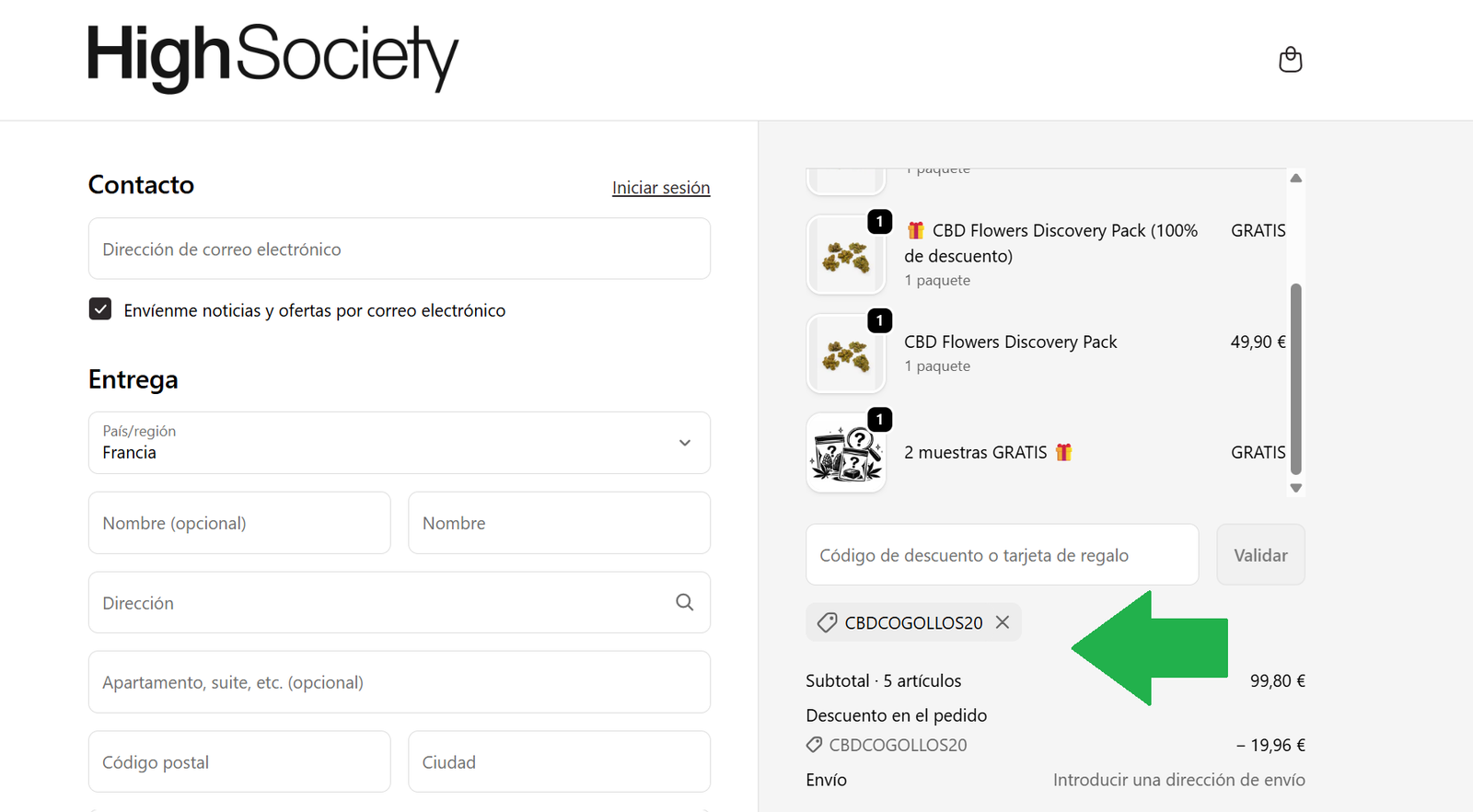 HighSociety Código Descuento Captura del checkout de HighSociety mostrando el código descuento CBDCOGOLLOS20 aplicado, un 20% de descuento en el pedido y regalos gratis añadidos al carrito.