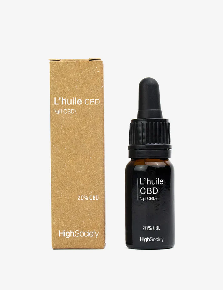 Aceite CBD 20% de HighSociety Frasco de aceite CBD 20% de HighSociety con caja del producto sobre fondo gris claro.