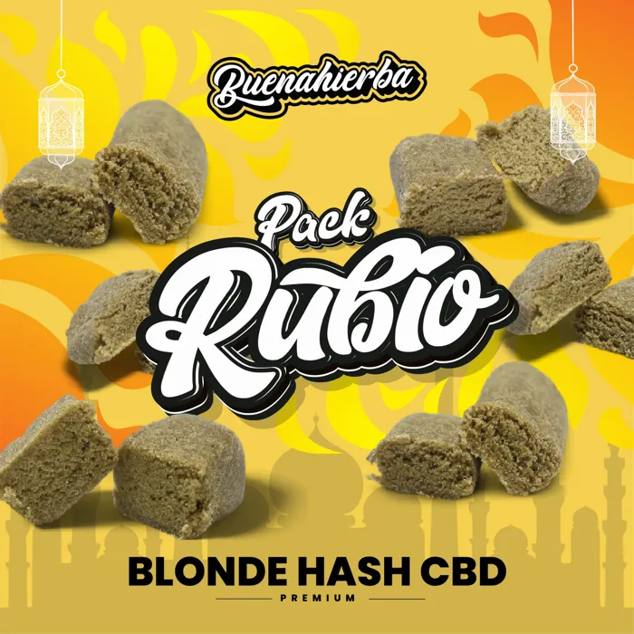 pack-cbd-hachis-rubio Buenahierba Imagen promocional de Pack Rubio (blonde hash CBD) de Buenahierba con varias piezas de hachís sobre fondo amarillo.