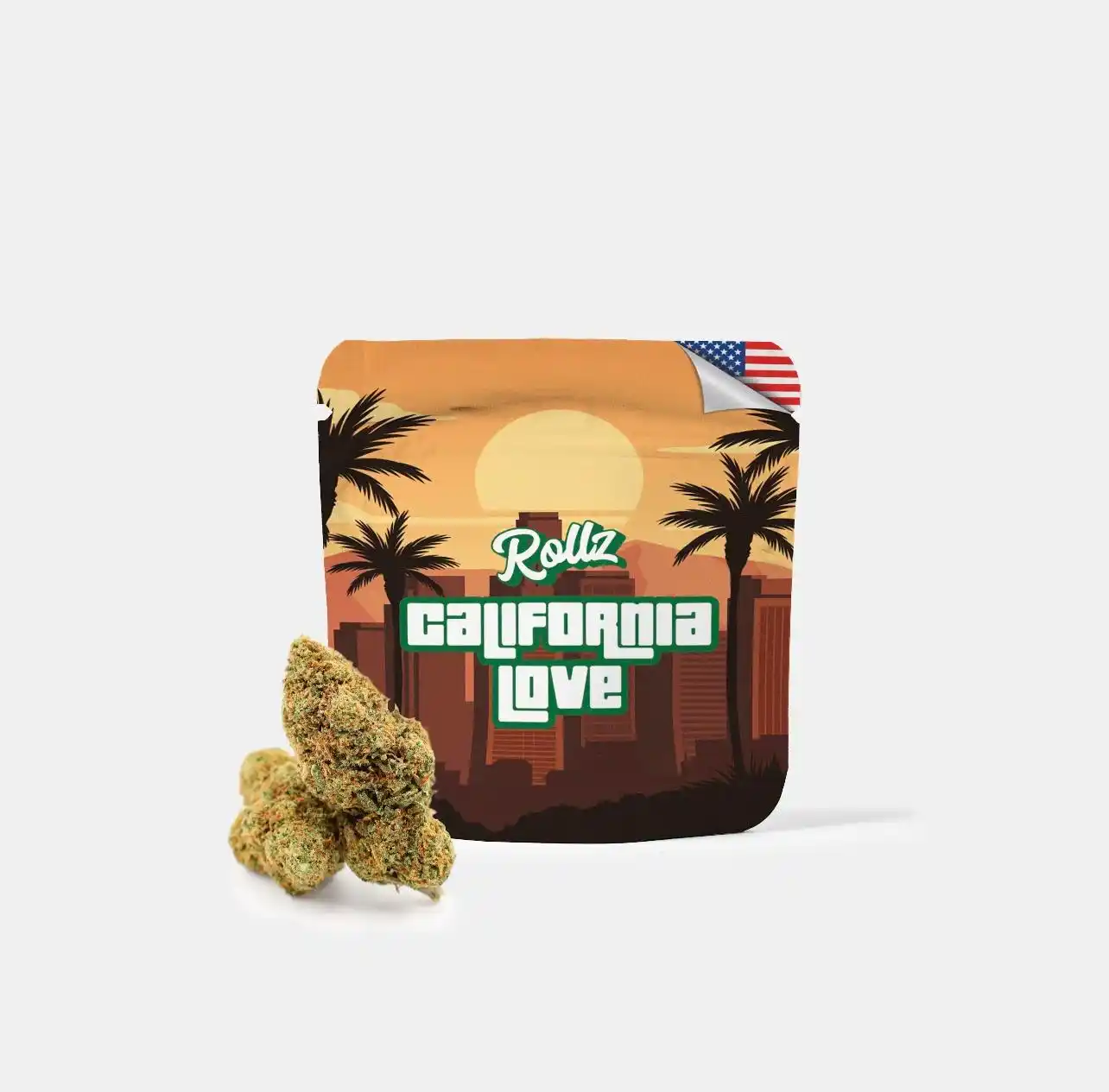 Rollz California Love 10-OH Bolsa Rollz California Love con dos cogollos de flor CBD delante sobre fondo blanco.