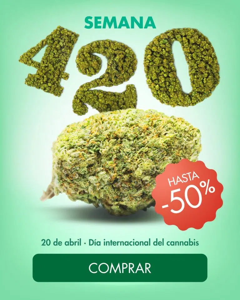 Banner móvil de Cannactiva por la Semana 420 con una flor de CBD, hasta 50% de descuento y llamada a comprar por el Día Internacional del Cannabis
