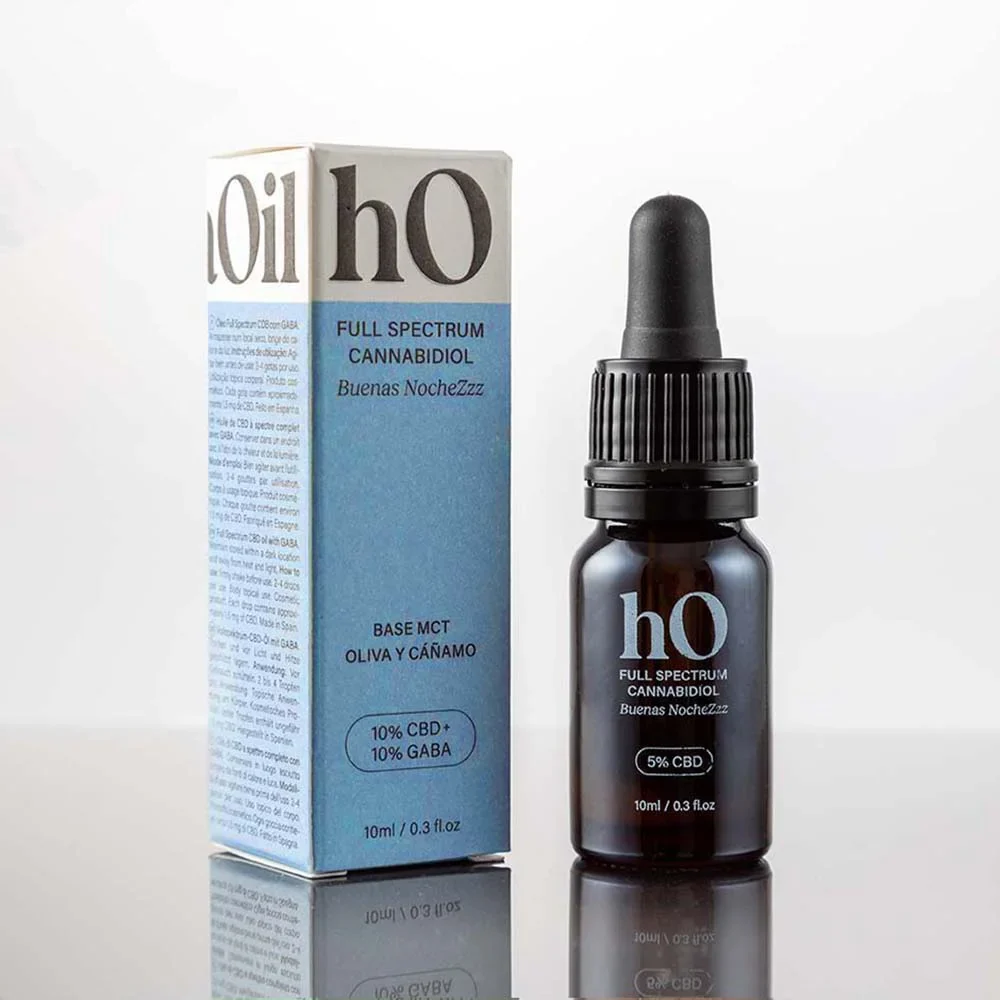 ProfesorCBD hO Buenas NocheZzz 5% CBD + GABA – Aceite Full Spectrum Aceite hO Full Spectrum Buenas NocheZzz con caja azul y frasco cuentagotas, indicado 5% CBD y GABA, sobre fondo claro.