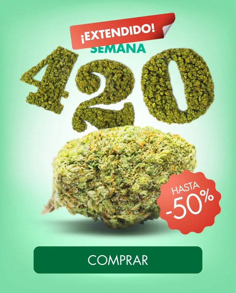 Banner móvil Semana 420 Cannactiva con hasta 50% de descuento Extendido Banner móvil de Cannactiva por la Semana 420 con una flor de CBD, hasta 50% de descuento y llamada a comprar por el Día Internacional del Cannabis Extendido