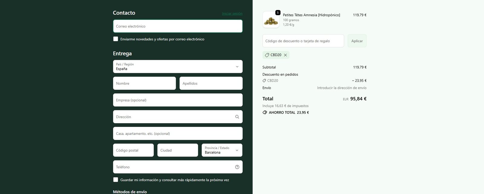 El Mayorista CBD Código Descuento Captura del checkout de CBDSOL mostrando el código descuento CBD-SOLCOGOLLOS aplicado y varios regalos gratis añadidos al pedido.