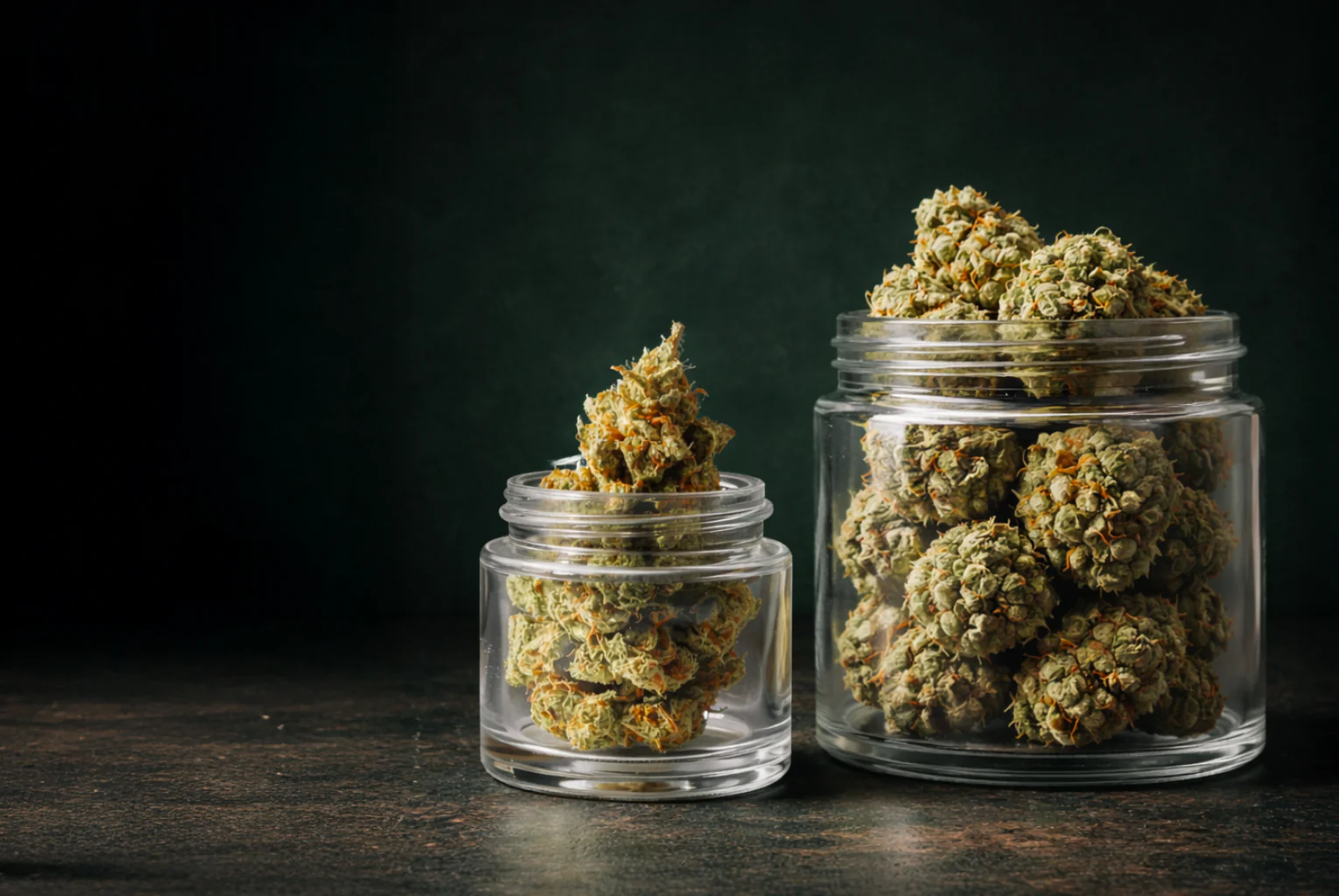 Flores CBD premium en tarros | El Mayorista CBD Dos tarros de cristal con cogollos de CBD sobre fondo oscuro, uno pequeño y otro grande, imagen de flores CBD premium.