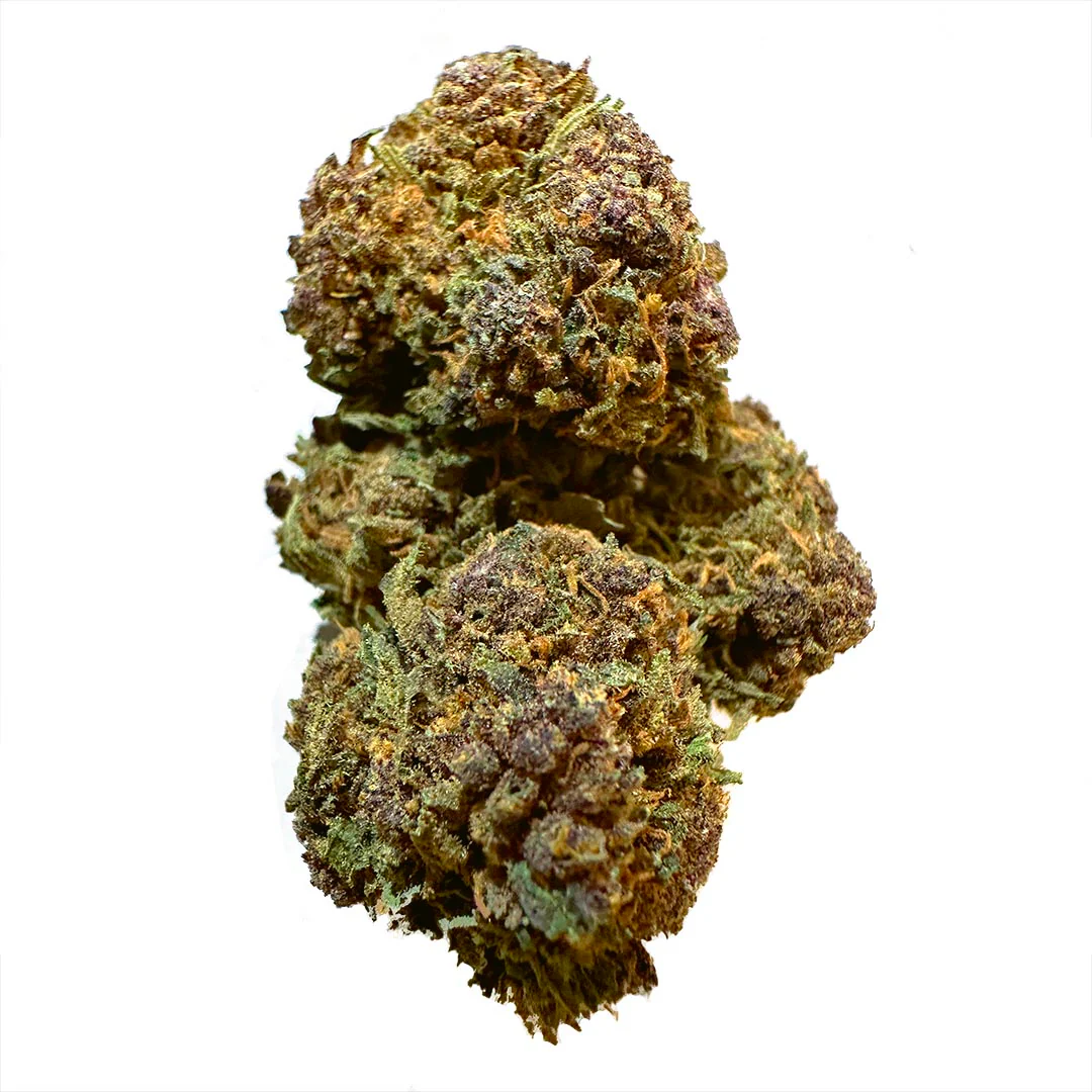 Profesor CBD Naranjita Cogollos de flor CBD La Cordobesa Naranjita en primer plano, con tonos verdes y marrones y pistilos anaranjados, sobre fondo blanco.