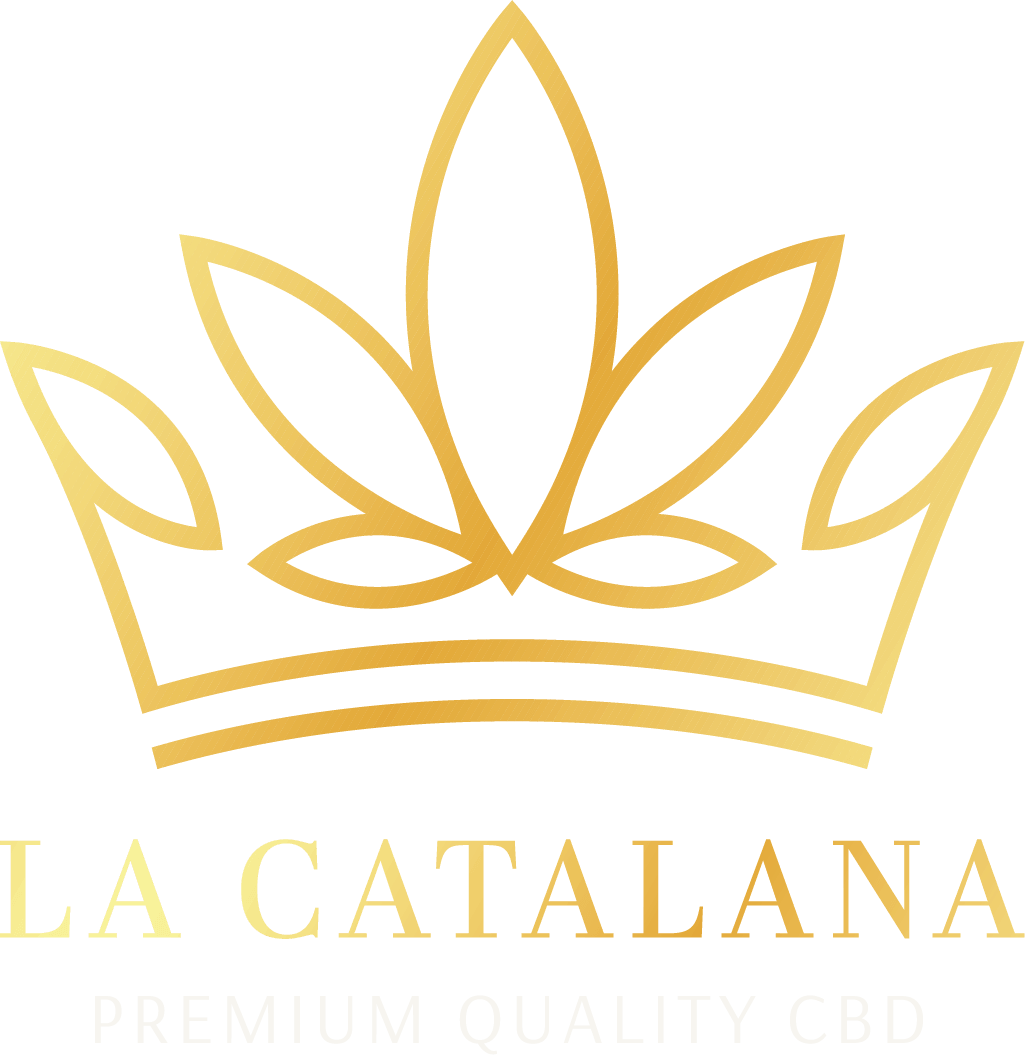 Logo La Catalana CBD Logotipo completo de La Catalana Premium Quality CBD en color dorado y blanco sobre fondo transparente