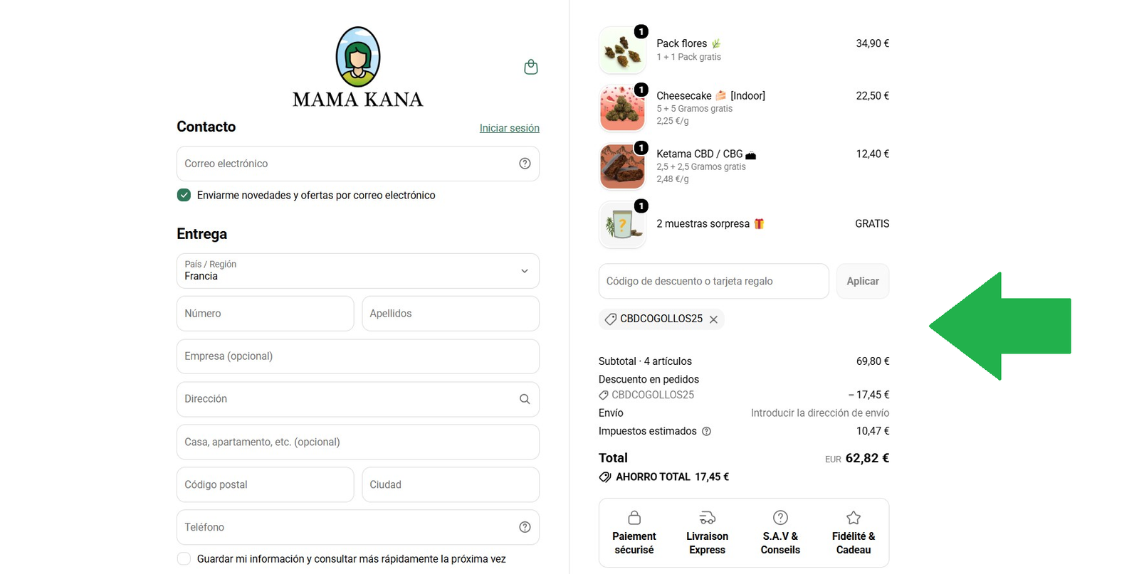 Mama KANA CBDCOGOLLOS25 Código Descuento 25% Carrito de compras en "MAMA KANA" con el código de descuento CBDCOGOLLOS25 aplicado, obteniendo un 25% de descuento.