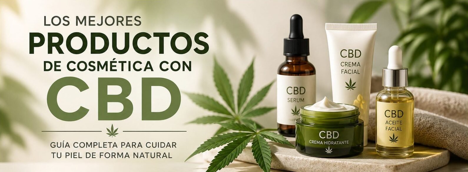 Productos de cosmética con CBD como cremas, sérums y aceites faciales junto a hojas de cáñamo en una composición natural de cuidado de la piel.