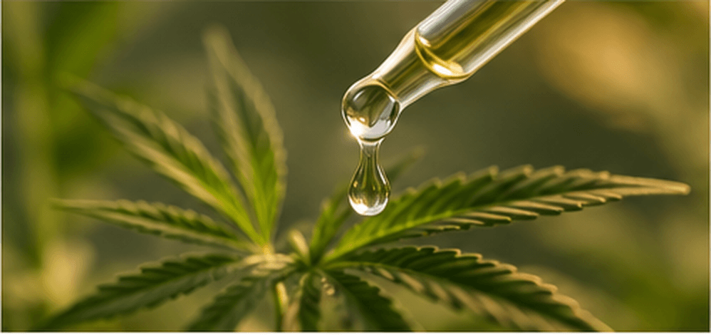 CBD en cosmética para el cuidado de la piel Gotas de aceite con CBD cayendo sobre una hoja de cáñamo, representando el uso del cannabidiol en cosmética natural para la piel.