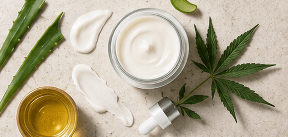 Cremas con CBD e ingredientes cosméticos Crema facial, aceite, aloe vera y hojas de cáñamo sobre una superficie clara como ejemplo de ingredientes habituales en cosmética con CBD.