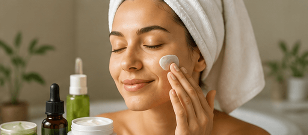 Rutina facial con cosméticos de CBD Mujer aplicándose una crema facial durante una rutina de skincare con productos cosméticos de CBD en un ambiente relajado y natural.