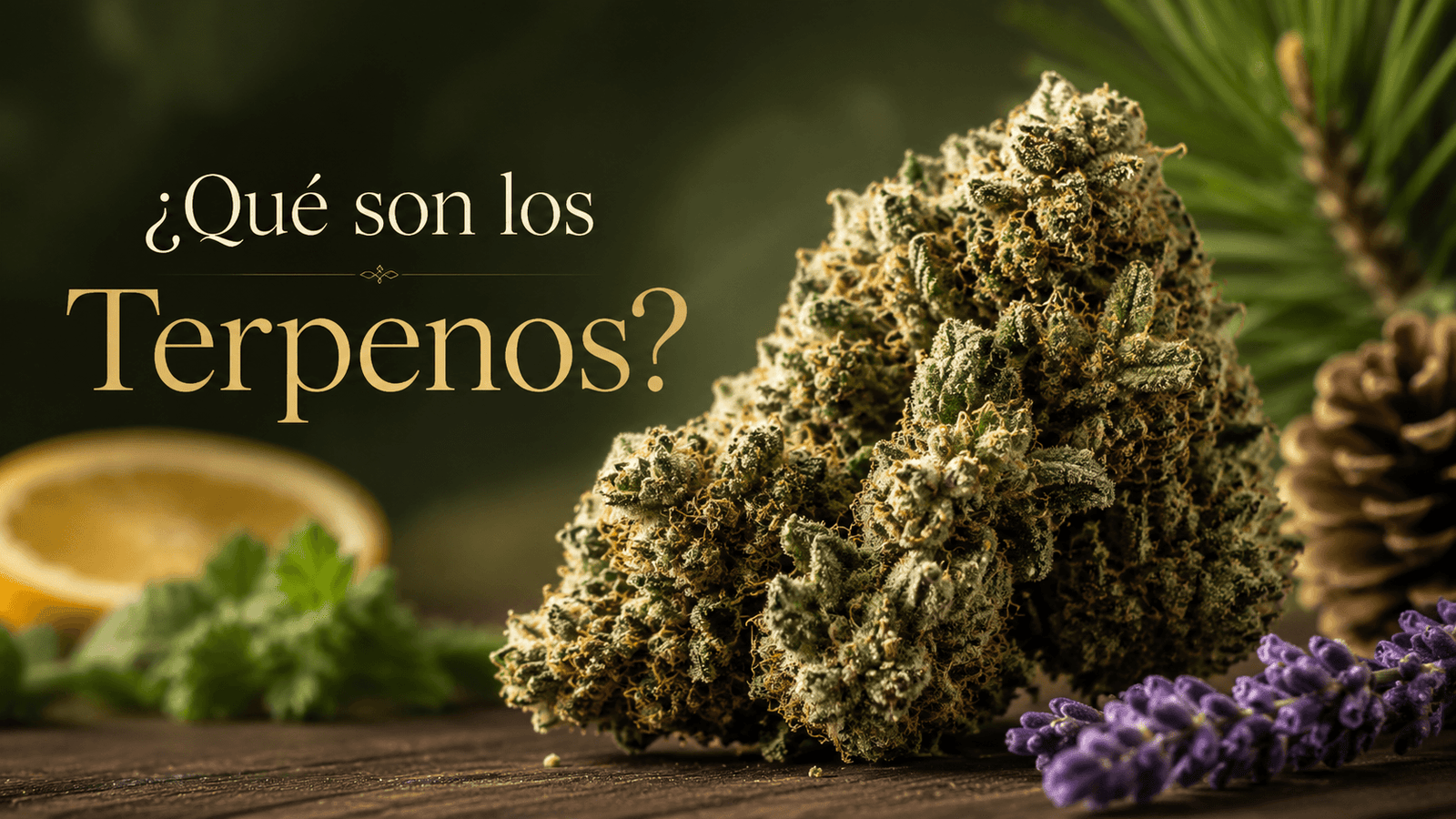 Cogollo de CBD junto a plantas aromáticas que representan diferentes tipos de terpenos