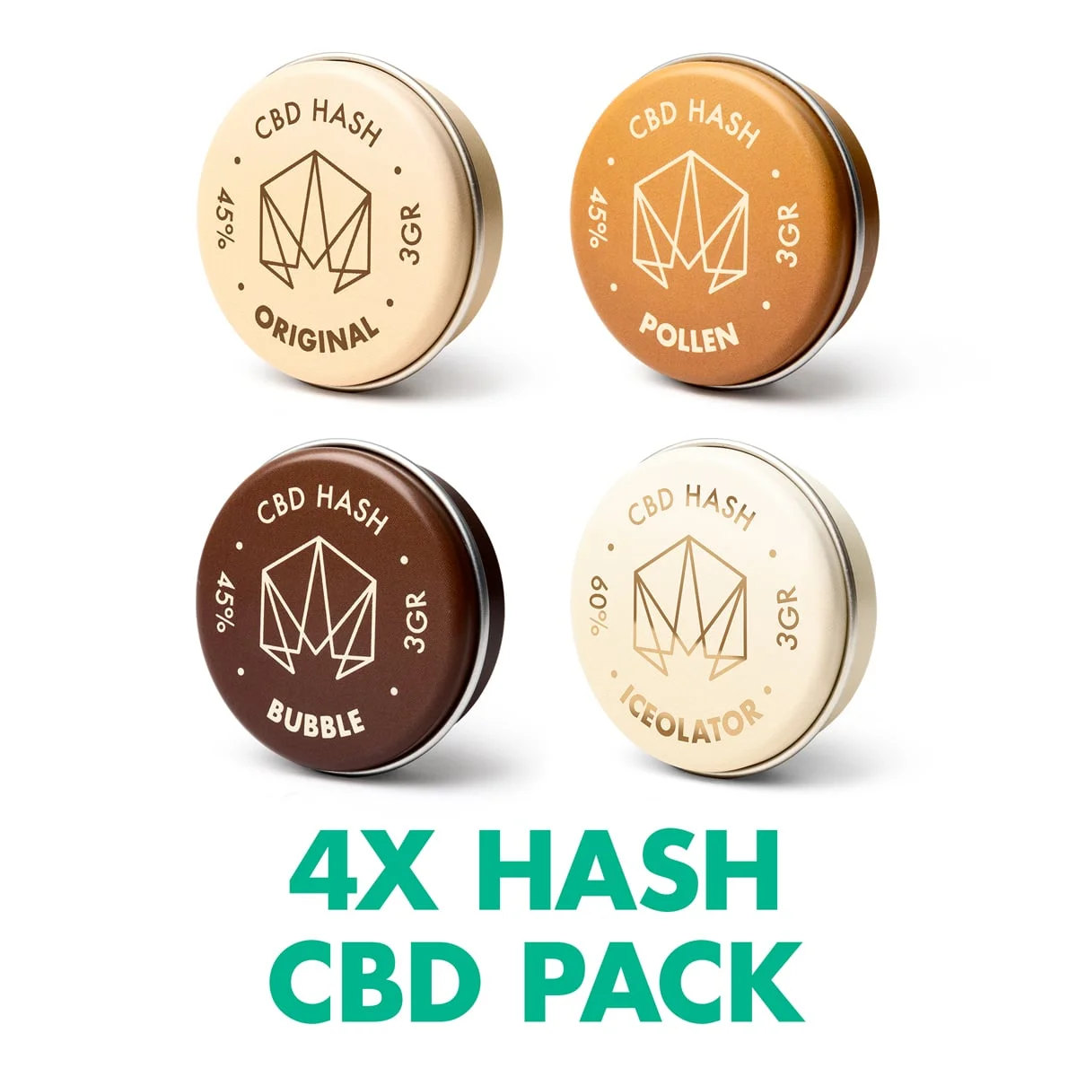 4X Hash CBD Pack de Cannactiva — 4 resinas, 12 g Cuatro latas de resinas de Cannactiva de 3 g cada una: Original, Polen, Bubble e Iceolator.