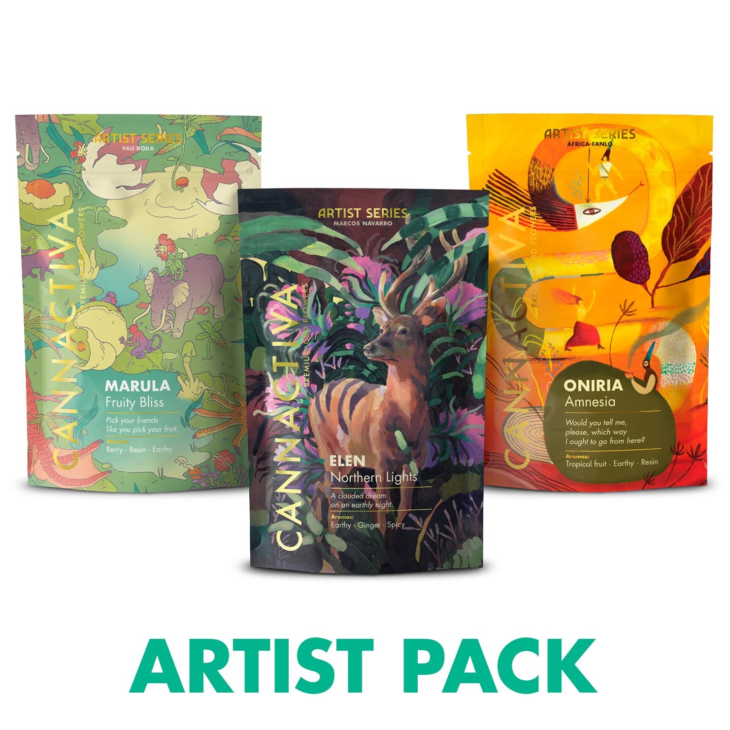 Artist Pack de 3 flores de CBD de Cannactiva Artist Pack de Cannactiva con tres envases ilustrados de la colección Artist Series: Marula, ELEN Northern Lights y Oniria.