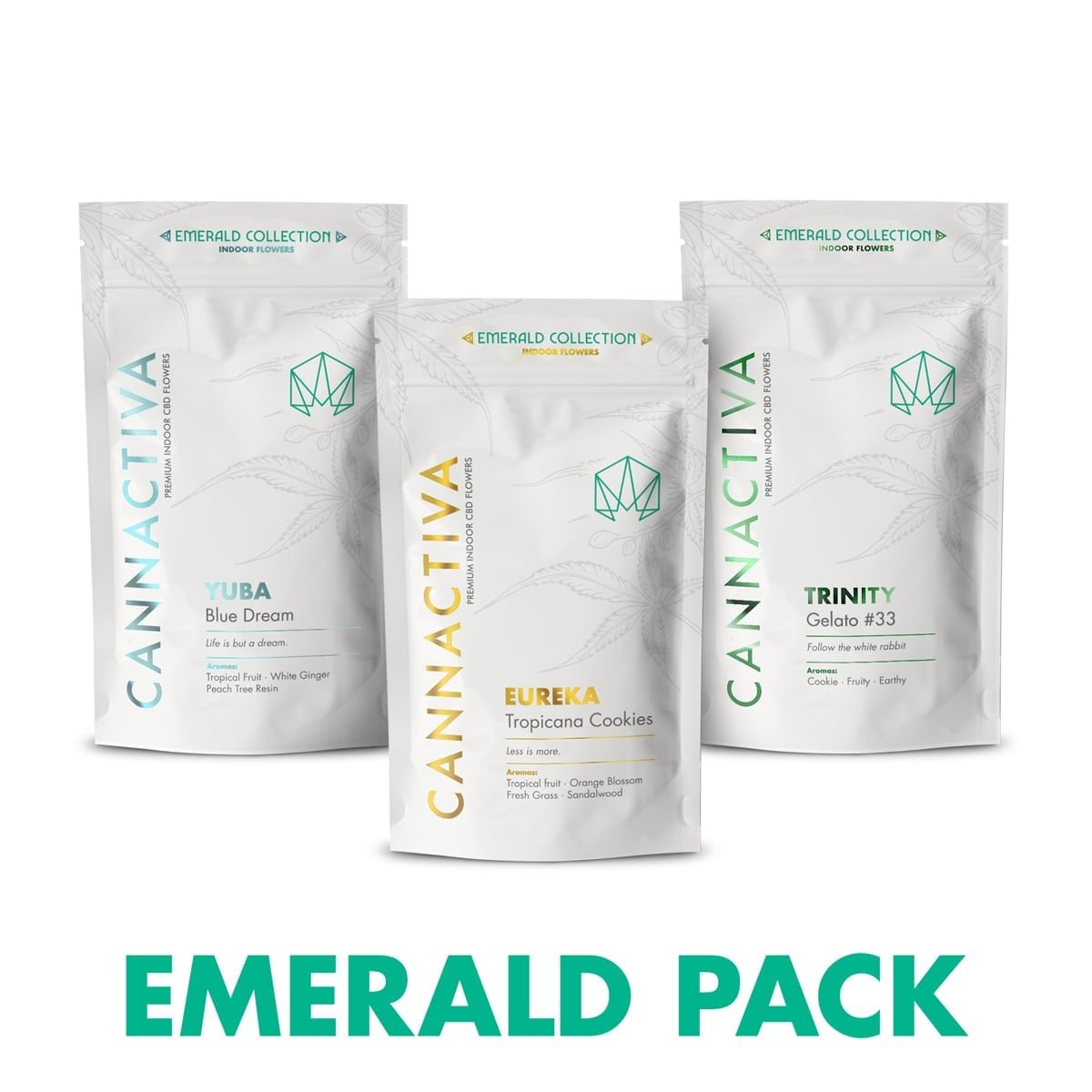 Emerald Pack de 3 flores de CBD Indoor de Cannactiva Emerald Pack de Cannactiva con tres envases blancos de flores de CBD Indoor: Yuba, Eureka y Trinity.
